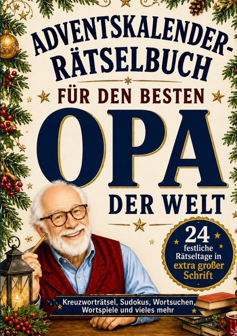 Adventskalender-Rätselbuch für den besten Opa. Illustration: Älterer Mann mit Brille, Bleistift und rotem Pullover.