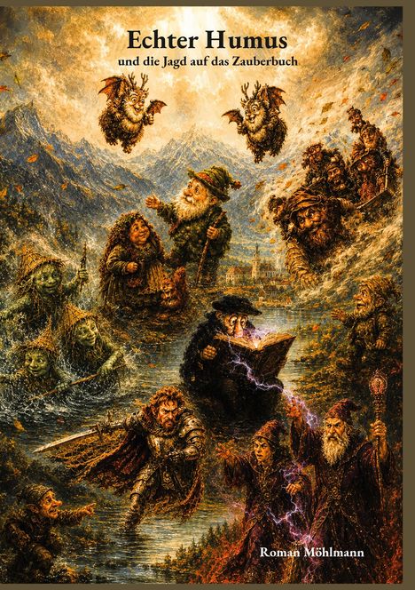 Oberer Text: "Echter Humus und die Jagd auf das Zauberbuch". Unten: "Roman Möhlmann". Fantasiereiche Illustration mit Figuren.