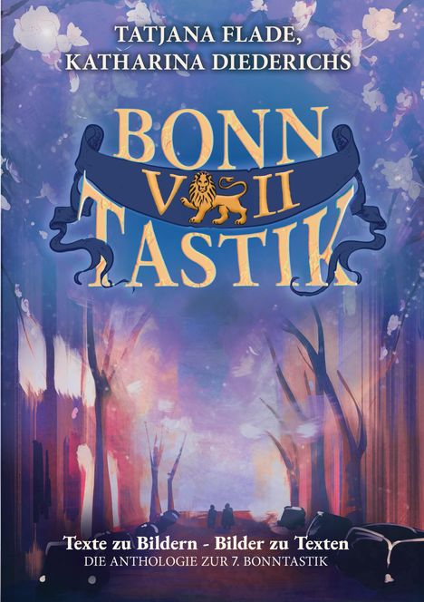 "Tatjana Flade, Katharina Diederichs, Bonntastik VII. Blau-lila Szene mit Bäumen, Menschen und einem Löwenlogo."