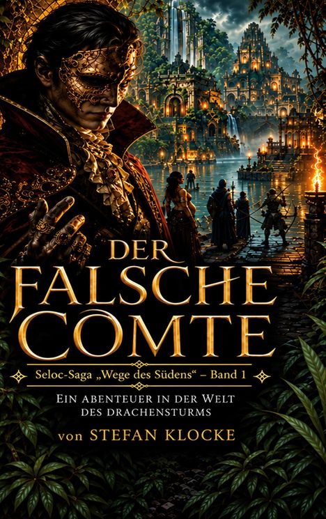 "Der falsche Comte" - Fantasievolle Szene mit maskiertem Mann und majestätischem, beleuchtetem Schloss im Hintergrund.