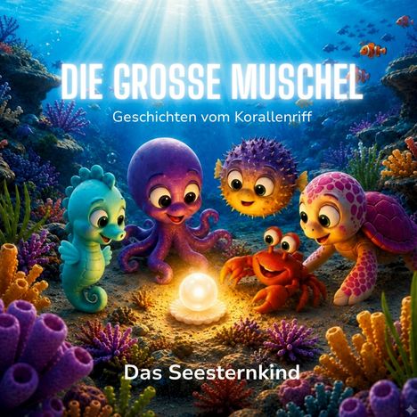 „DIE GROSSE MUSCHEL“, „Geschichten vom Korallenriff“, „Das Seesternkind“. Cartoon-Tiere bewundern eine leuchtende Perle.