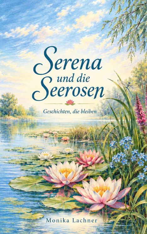 "Serena und die Seerosen: Geschichten, die bleiben" von Monika Lachner. Illustration von Seerosen auf einem Teich bei blauem Himmel.