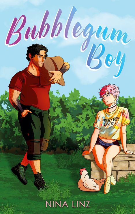 "Bubbelgum Boy" und "NINA LINZ" in bunter Schrift. Zwei Personen, eine mit rosa Haaren, sitzen draußen, Huhn dabei.