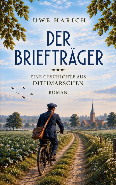 Oben steht: "Uwe Harich, Der Briefträger, Eine Geschichte aus Dithmarschen, Roman". Darunter fährt ein Mann auf einem Weg.