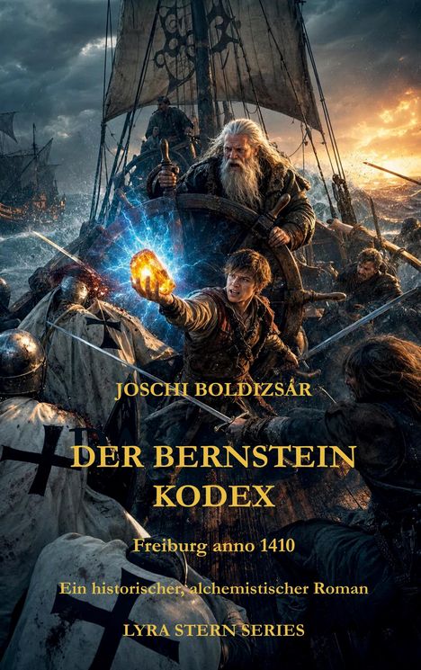 Text: "Joschi Boldizsár", "Der Bernstein Kodex", "Freiburg anno 1410", "Ein historischer, alchemistscher Roman", "Lyra Stern Series". Illustration: Ein epischer Kampf auf einem Schiff im Sturm, Funken fliegen von einem Bernstein.