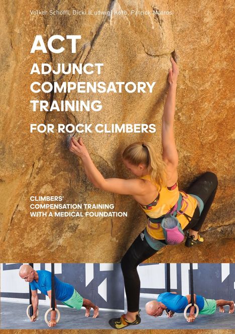 "ACT ADJUNCT COMPENSATORY TRAINING FOR ROCK CLIMBERS" steht auf einer Kletterwand mit Frau beim Klettern.