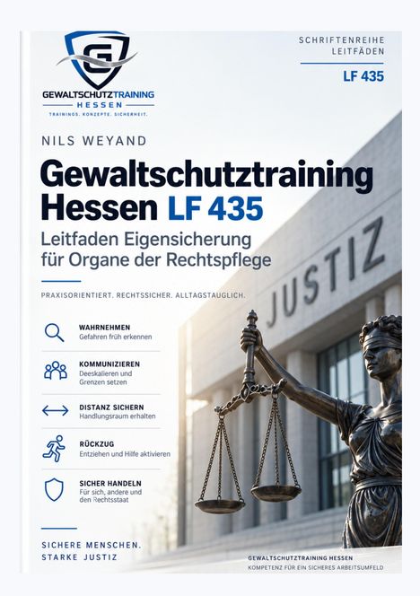 Text: "Gewaltschutztraining Hessen LF 435" und "Leitfaden Eigensicherung". Statue der Justitia mit Waage.