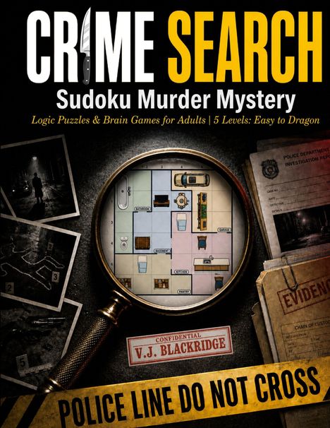 "CRIME SEARCH: Sudoku Murder Mystery" steht groß oben. Unten "POLICE LINE DO NOT CROSS". Lupe über Grundriss.