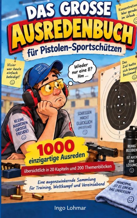 „Das große Ausredenbuch für Pistolen-Sportschützen“, „1000 einzigartige Ausreden“. Zeichnung eines nachdenklichen Schützen.