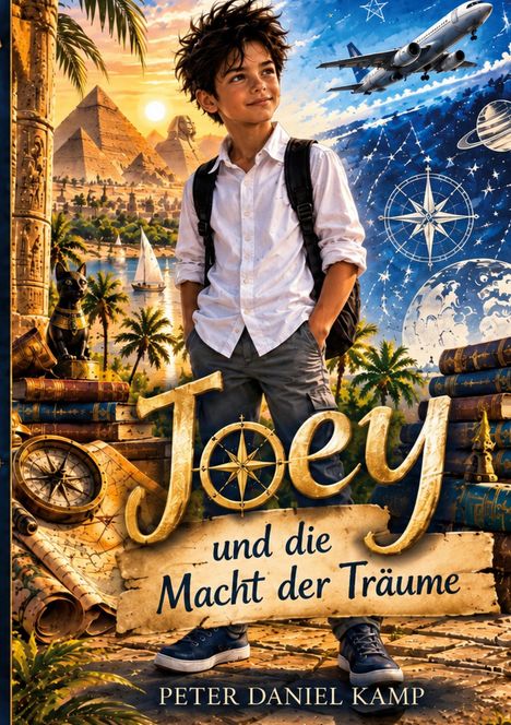 „Joey und die Macht der Träume“ und „Peter Daniel Kamp“. Junge mit Rucksack, Pyramiden, Palmen, Flugzeug am Himmel.