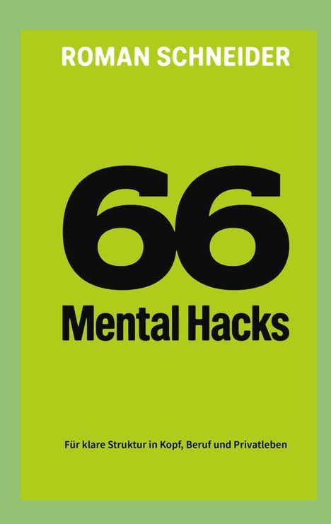 Text: "Roman Schneider. 66 Mental Hacks. Für klare Struktur in Kopf, Beruf und Privatleben." Grüner Hintergrund.