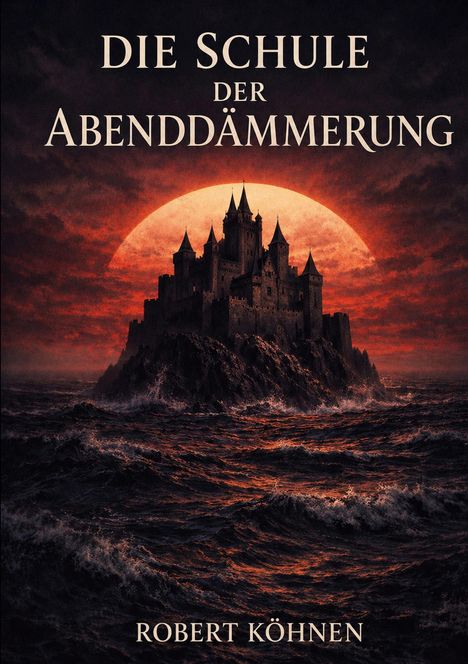 Text: "DIE SCHULE DER ABENDDÄMMERUNG" und "ROBERT KÖHNEN". Eine Burg vor rotem Sonnenuntergang über stürmischer See.