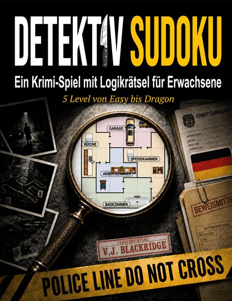 Titel: "Detektiv Sudoku". Krimispiel mit Logikrätseln. "Police Line Do Not Cross"-Band. Lupe zeigt Wohnungsplan.