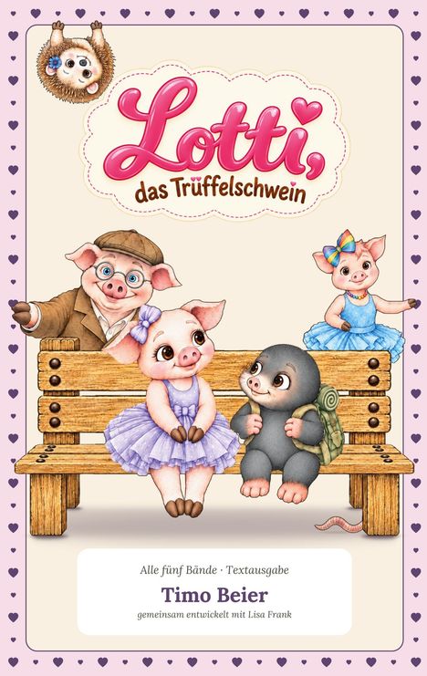 "Lotti, das Trüffelschwein." Illustration eines Schweins in einem lila Kleid auf einer Bank, mit Freunden in niedlicher Szene.