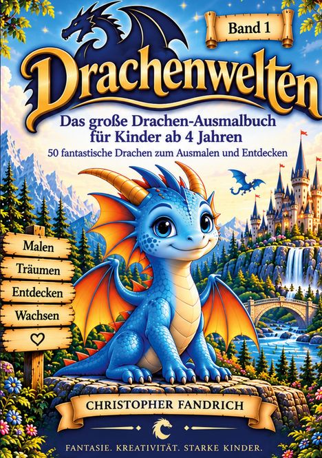 Band 1: Drachenwelten. Ausmalbuch für Kinder ab 4 Jahren. Ein fröhlicher blauer Drache vor einem Märchenschloss.