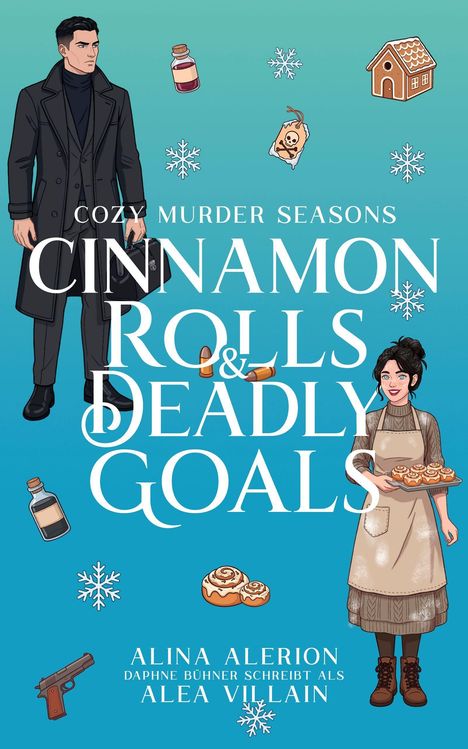 "Cozy Murder Seasons: Cinnamon Rolls & Deadly Goals". Illustration zeigt Mann und Frau mit Zimtrollen, Schneeflocken und Symbolen.