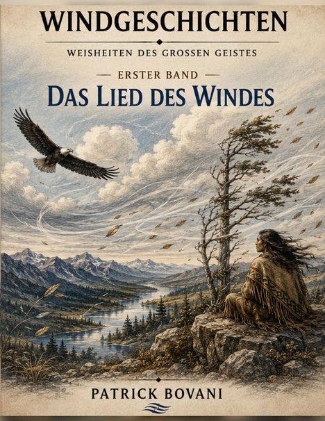 Text: "Windgeschichten: Weisheiten des Großen Geistes, Erster Band: Das Lied des Windes, Patrick Bovani." Illustration: Eine Person sitzt auf einem Felsen, ein Adler fliegt, Berge im Hintergrund.
