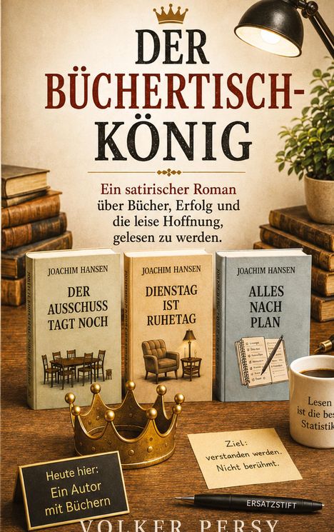 Titel: "Der Büchertischkönig". Untertitel: Ein satirischer Roman über Bücher und Erfolg. Drei Bücher auf Holzfläche.