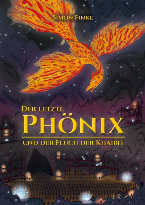 „Simon Finke. Der letzte Phönix und der Fluch der Khaibit.” Illustration mit einem feurigen Phönix im Flug.
