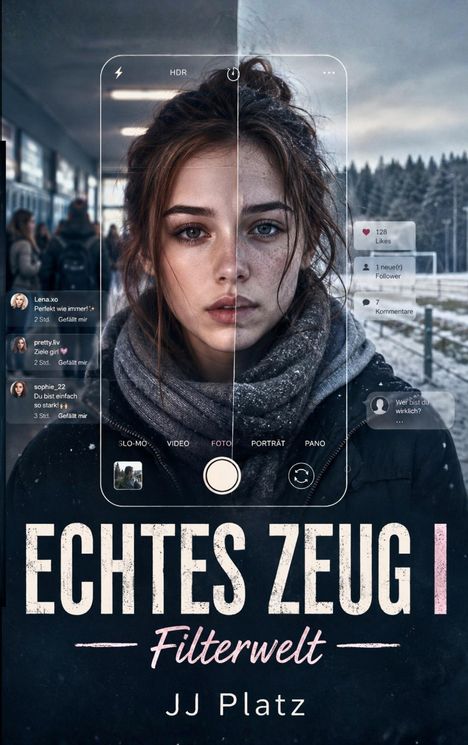 "Echtes Zeug | Filterwelt, JJ Platz." Eine junge Frau, geteilt in einen klaren und einen verschwommenen Bereich, umgeben von Social Media-Elementen.