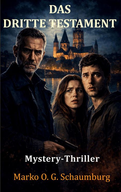 "Das dritte Testament", "Mystery-Thriller", "Marko O. G. Schaumburg". Drei ernste Personen vor beleuchtetem Gebäude.