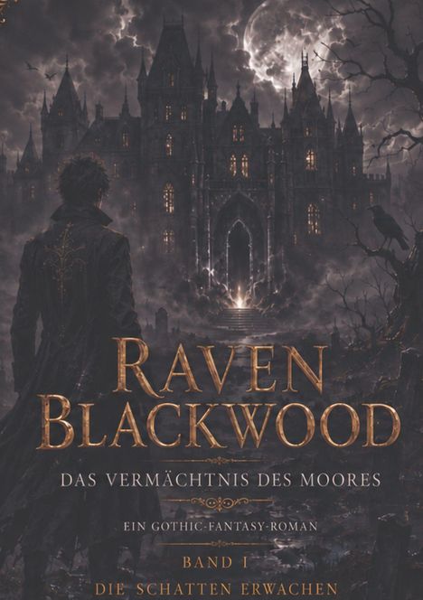 „Raven Blackwood: Das Vermächtnis des Moores. Ein Gothic-Fantasy-Roman. Band I: Die Schatten erwachen.“ Ein gotisches Schloss.
