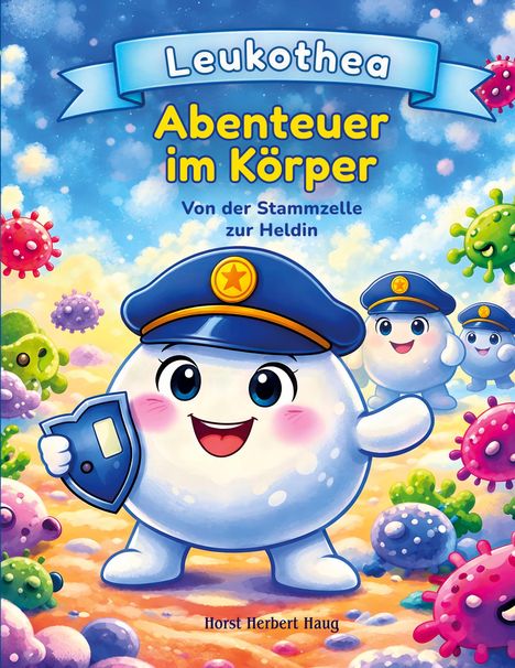 Aufschrift: "Leukothea: Abenteuer im Körper. Von der Stammzelle zur Heldin." Illustration: Lächelnde, kugelförmige Zelle in Uniform.