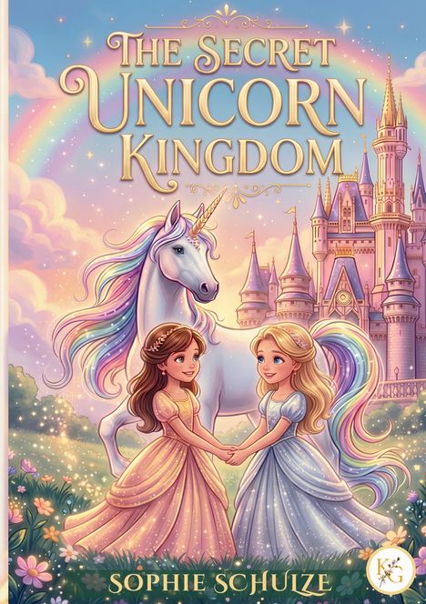 "The Secret Unicorn Kingdom", "Sophie Schulze"; ein Einhorn mit Regenbogenmähne, zwei Mädchen in Kleidern vor einem Schloss.