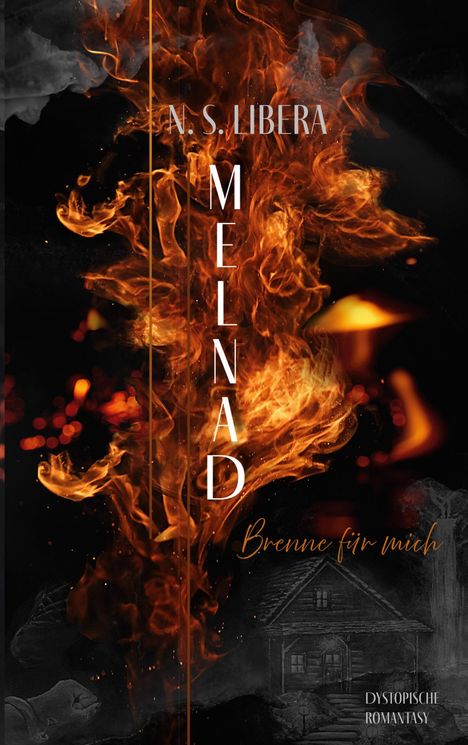 Text: "N. S. Libera MEINAD Brenne für mich Dystopische Romantasy". Illustration: Flammen über einem Haus.