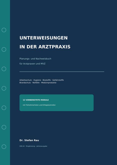 „Unterweisungen in der Arztpraxis“, Planungsbuch mit 12 Modulen. Blaues und grünes Farbschema mit Kreismuster links.