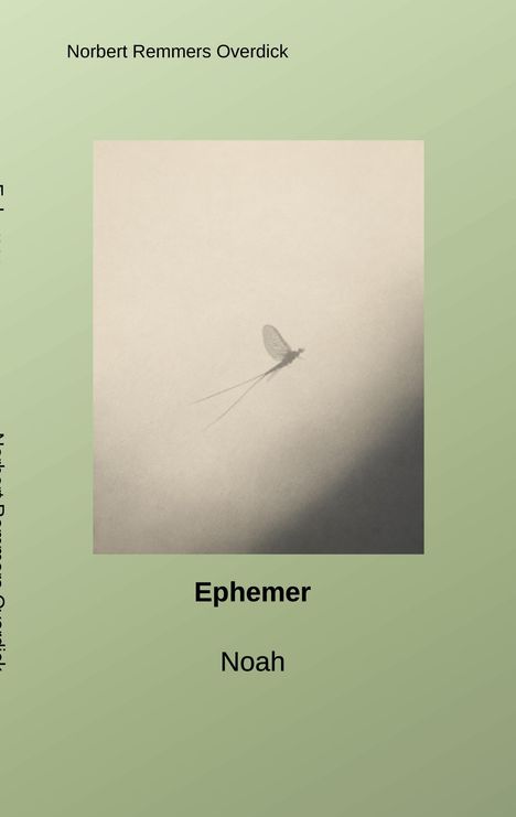 Text: "Norbert Remmers Overdick", "Ephemer", "Noah". Dezente Illustration einer schwebenden Insekten-Silhouette auf grauem Grund.