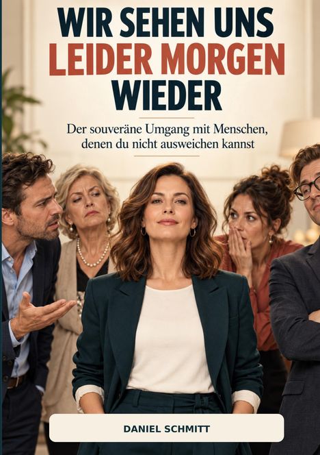"WIR SEHEN UNS LEIDER MORGEN WIEDER" zeigt eine lächelnde Frau inmitten diskutierender Menschen. Darunter steht "DANIEL SCHMITT".