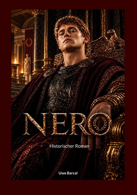 "NERO. Historischer Roman. Uwe Barcal." Ein junger Mann in römischer Kleidung sitzt auf einem prunkvollen Thron.