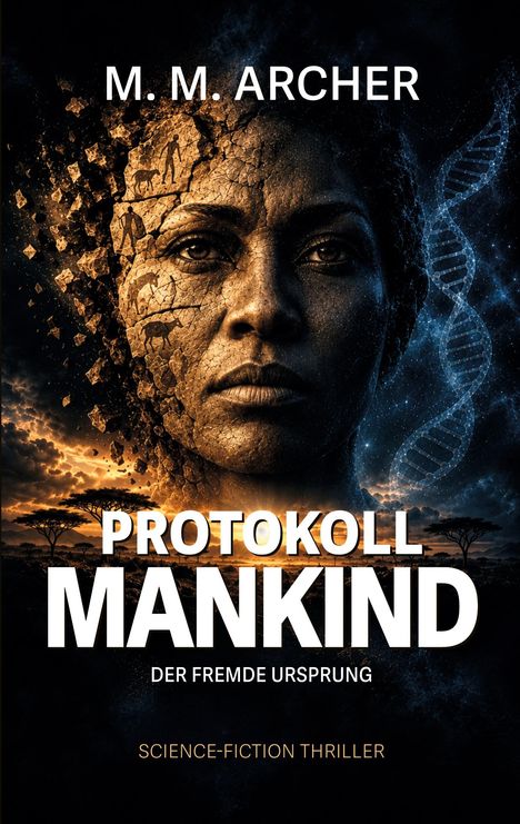 „Protokoll Mankind: Der fremde Ursprung, M. M. Archer“. Ein Gesicht im Weltraum mit DNA-Strang, darunter Savanne bei Sonnenuntergang.