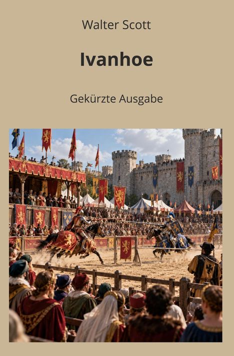„Walter Scott, Ivanhoe, Gekürzte Ausgabe“. Mittelalterliches Turnier mit Rittern und Zuschauern vor einer Burg.