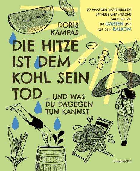 Titel: "Die Hitze ist dem Kohl sein Tod". Illustration mit Melone, Gemüse, Tonne, und Frau mit Regenschirm.