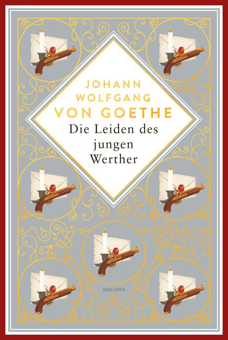 Text: „Johann Wolfgang von Goethe: Die Leiden des jungen Werther.“ Drumherum sind Kerzen, Papier und Pistolen als Illustration.