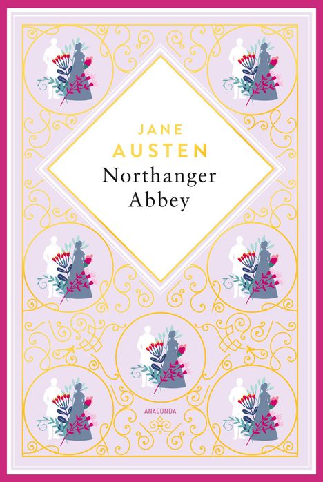 "JANE AUSTEN Northanger Abbey ANACONDA". Buntes, florales Muster mit Silhouetten eines Paares und verschnörkelten Details.