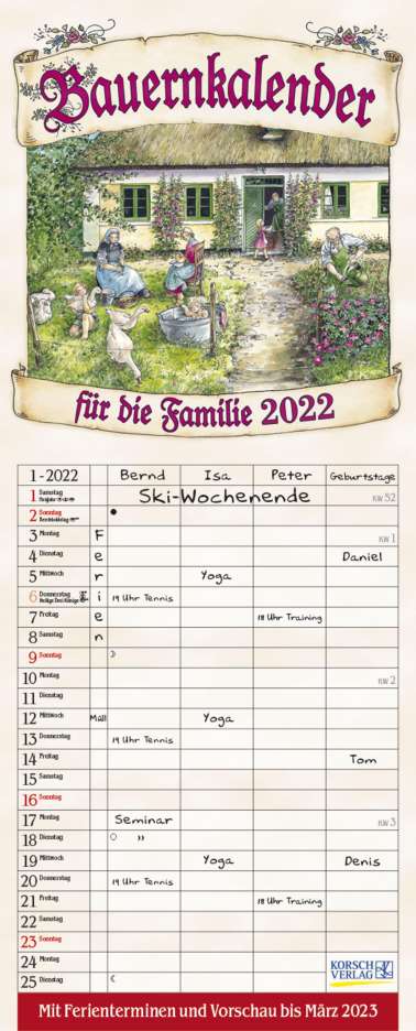 Bauernkalender 2022, Kalender