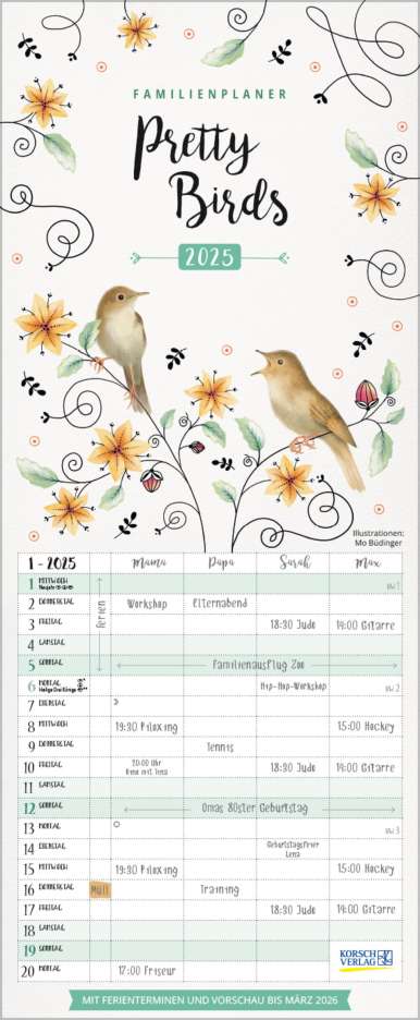 Familienplaner Pretty Birds 2025, Kalender