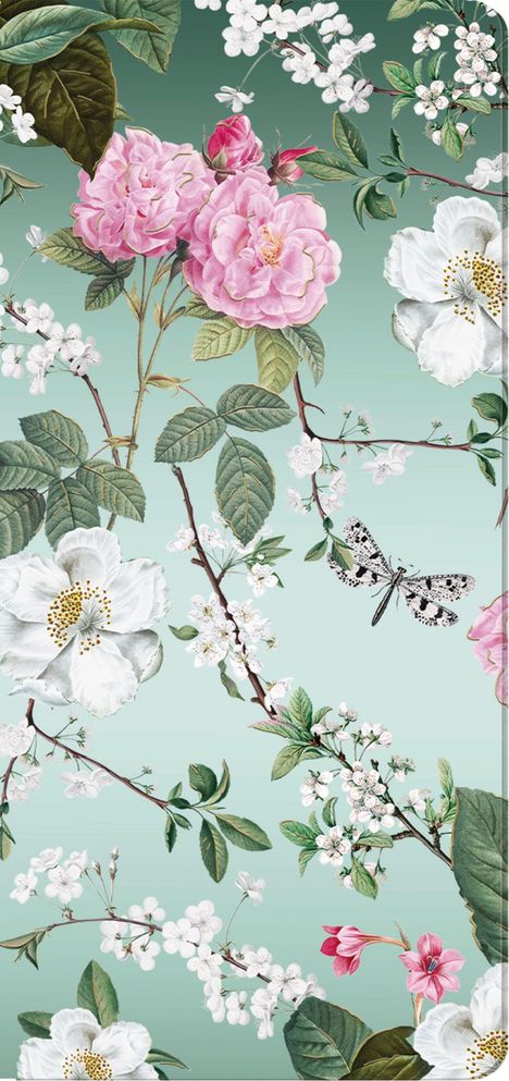 Illustration floral; rosafarbene und weiße Blüten mit grünen Blättern auf einem grünen Hintergrund, Schmetterling.