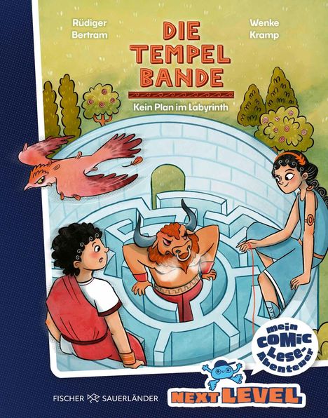 "Die Tempel Bande: Kein Plan im Labyrinth" steht oben. Drei Figuren stehen um ein Labyrinth, darin ein wütender Minotaurus.