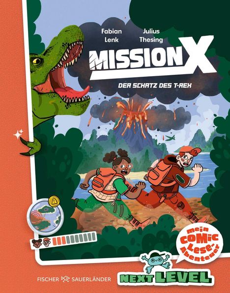 Text: "Fabian Lenk, Julius Thesing, Mission X, Der Schatz des T-Rex". Comicstil. Zwei Kinder flüchten vor einem Vulkan.