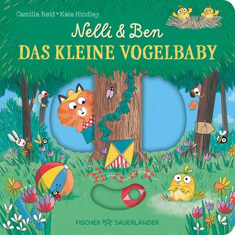 „Nelli & Ben: Das kleine Vogelbaby“ steht über einem bunten Waldbild mit Tieren und einer bunten Spielzeuglandschaft.