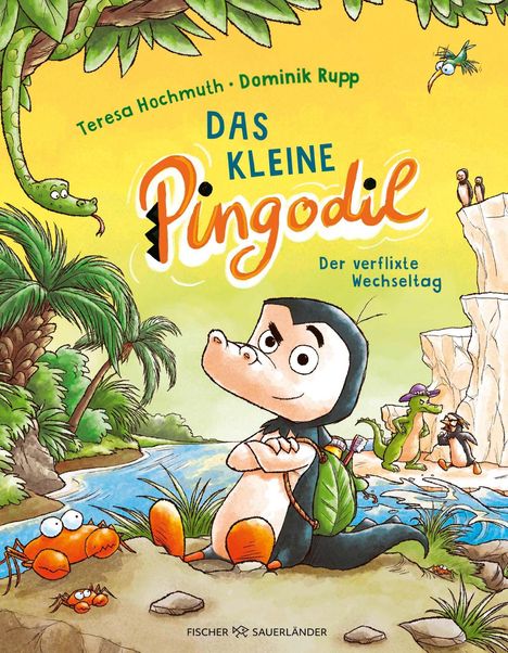 „Das kleine Pingodil – Der verflixte Wechseltag“. Ein illustriertes Tier steht selbstbewusst an einem Fluss.