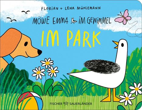 Text: "MÖWE EMMA IM PARK". Ein bunter Hund trifft eine Möwe im Gras, umgeben von Blumen und einem Ball.