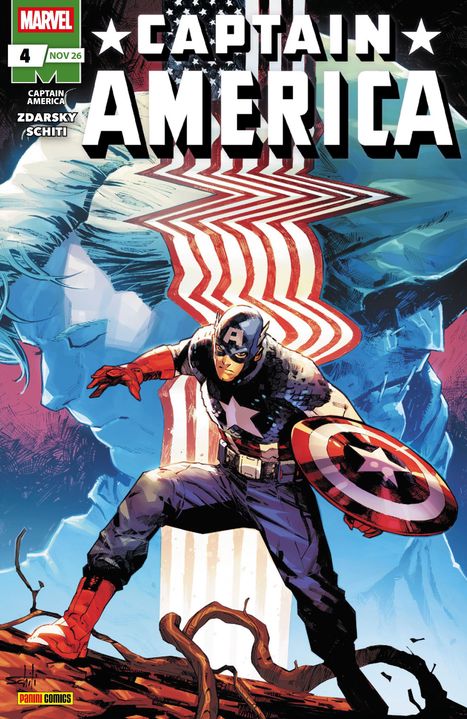 "CAPTAIN AMERICA 4" und "Nov 26" in Großbuchstaben. Darunter Captain America mit Schild auf einer abstrakten, dynamischen Illustration.