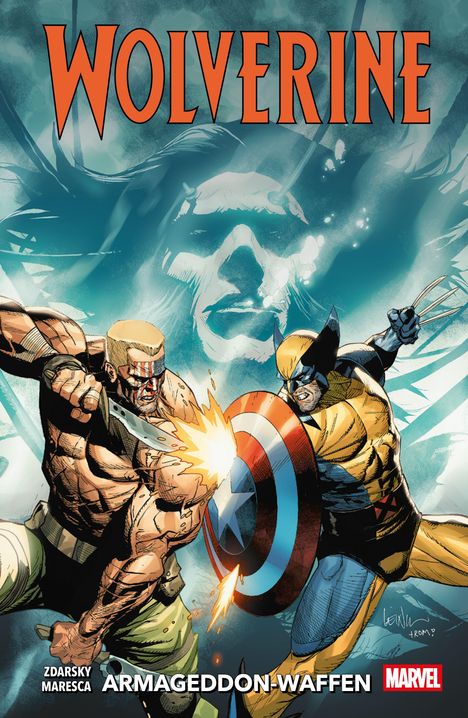 Text: "WOLVERINE", "ZDARSKY MARESCA ARMAGEDDON-WAFFEN". Zwei kämpfende Figuren in dynamischer Pose. Comic-Stil.