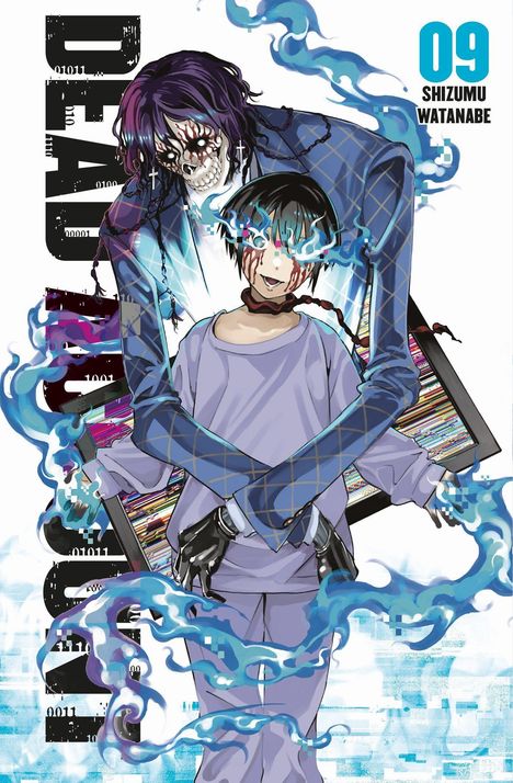 "09 SHIZUMU WATANABE" in Blau. Illustration: Zwei Figuren mit blauen Flammen, ein Skelett und ein Junge mit Cyber-Elementen.