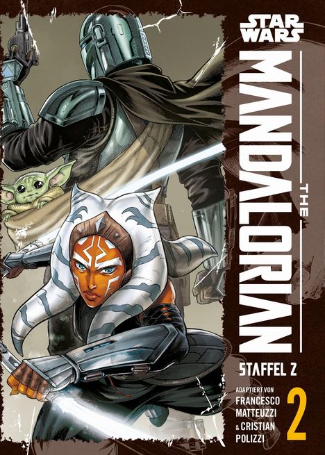 "STAFFEL 2", Illustration: Ein Krieger mit Helm, ein kleines grünes Wesen, eine Frau mit Gesichtstätowierung, Lichtschwert.